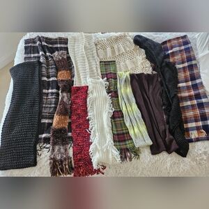 Lot of 12 Mixed Winter Scarf Scarves Bundle Plaid Knit Fringe Styles Multicolor